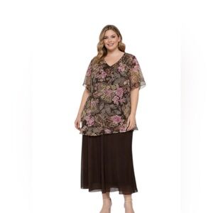 Los Angeles Woman Plus Size Floral Chiffon Dress 18W Brown Pink Midi